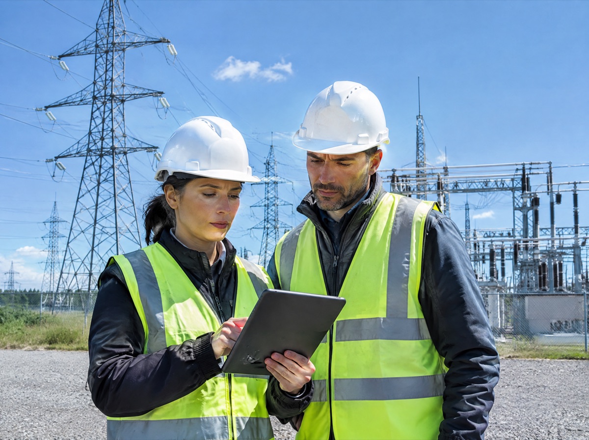 Zwei Ingenieure mit Tablet vor Hochspannungsmasten und Umspannwerk