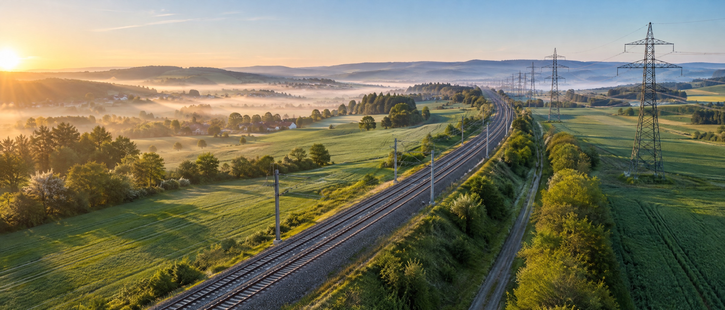 Elektrifizierte Bahnstrecke und Hochspannungsleitung in grüner Landschaft bei Sonnenaufgang