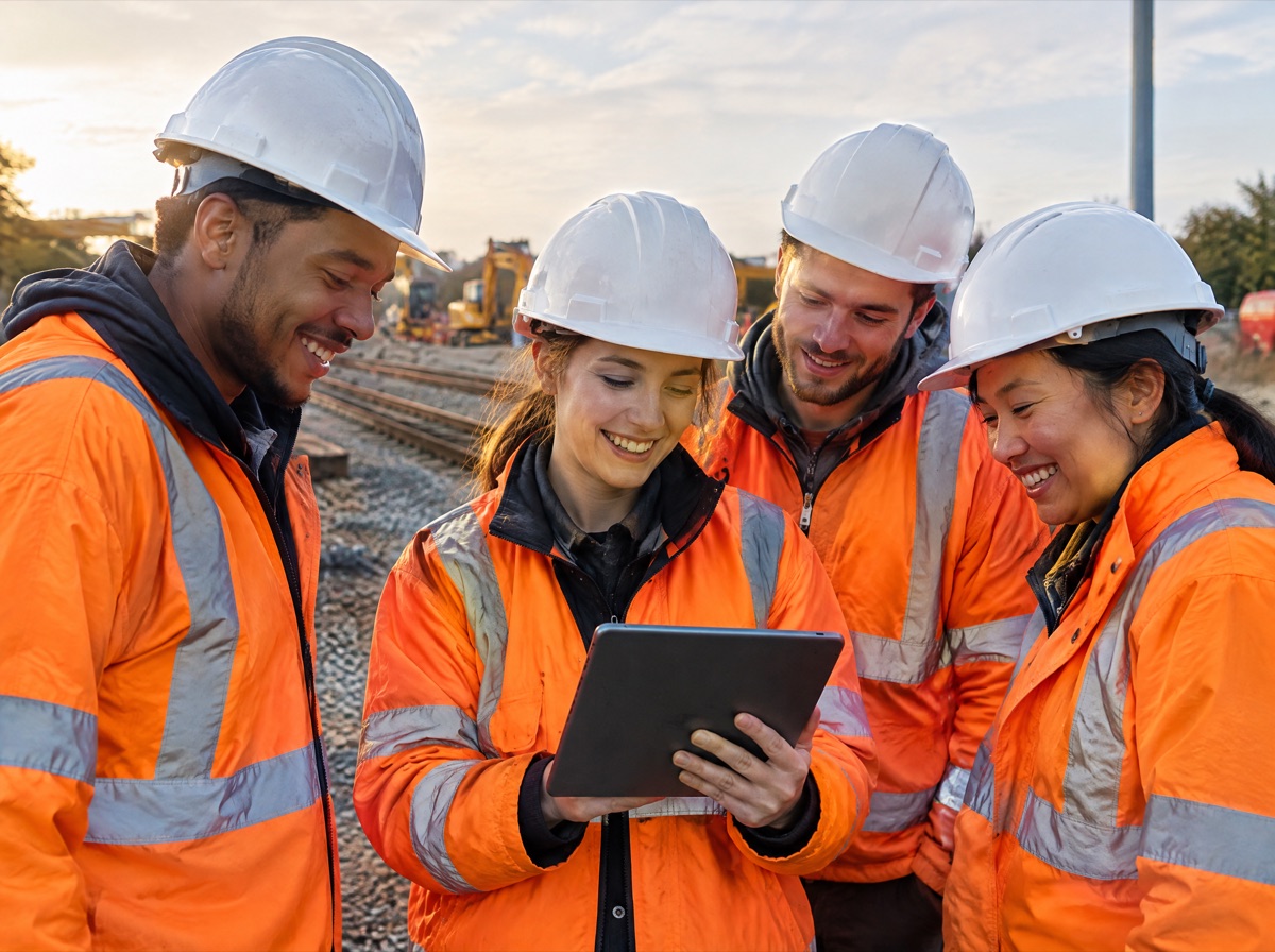Junges Ingenieurteam in Warnjacken lacht gemeinsam auf einer Baustelle