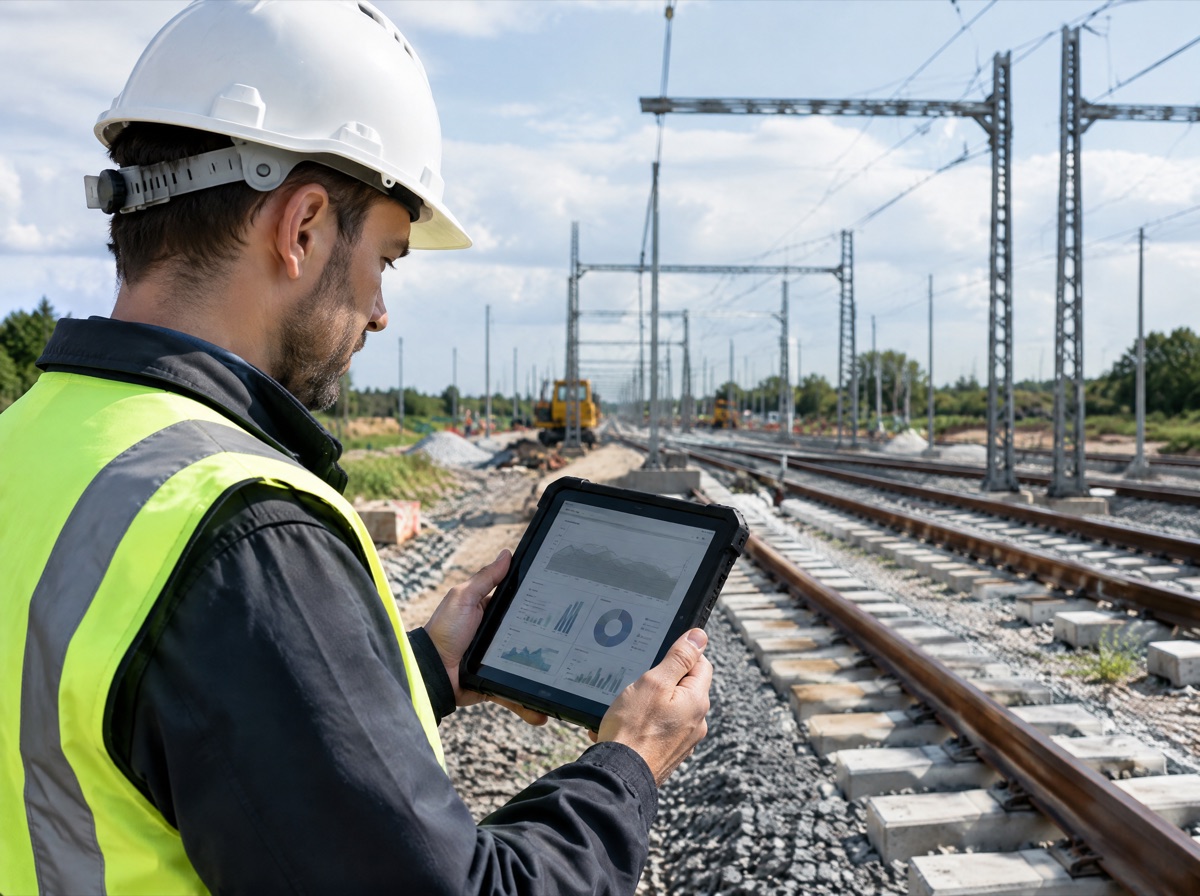 Bauüberwacher mit Tablet auf einer Bahnbaustelle
