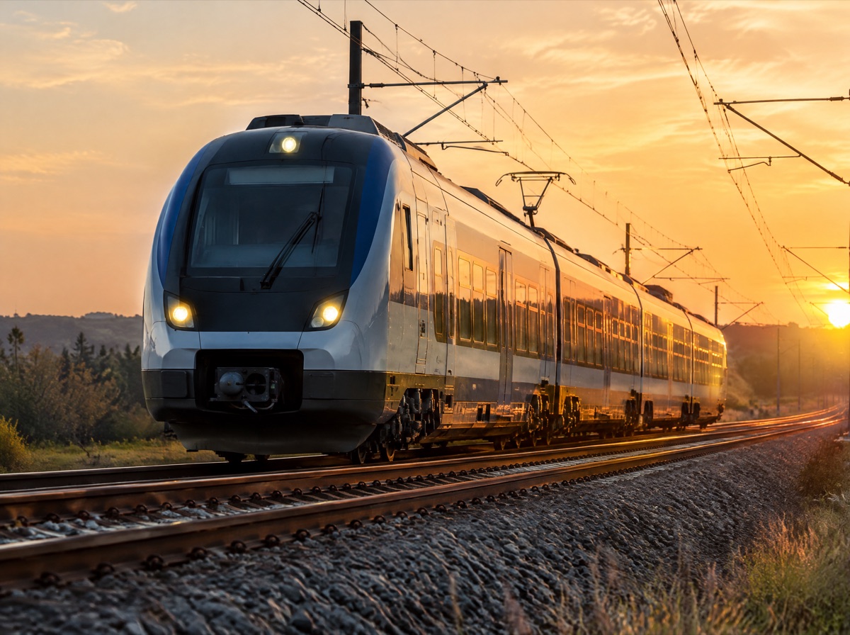 Regionalzug auf elektrifizierter Strecke im Abendlicht