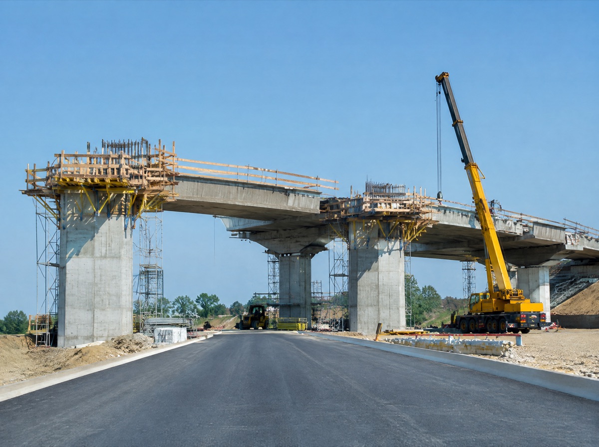 Autobahnbrücke im Bau mit Kran